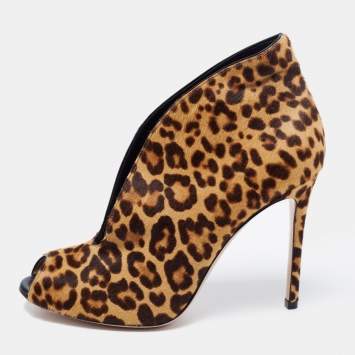 Pre Owned Gianvito Rossi Beige/Brown Leopard Print Calf Hair Vamp Booties Size 39.5