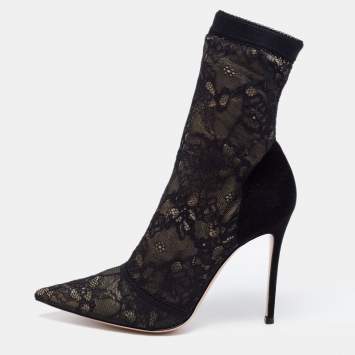 Pre Owned Gianvito Rossi Black/Beige Suede And Lace Ankle Boots Size 40.5