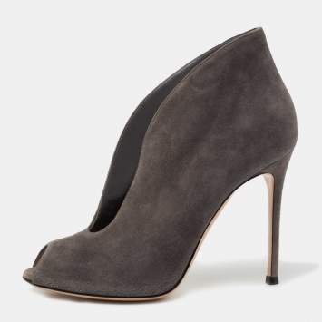 Pre Owned Gianvito Rossi Grey Suede Vamp Peep Toe Booties Size 39.5