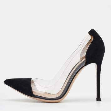 Pre Owned Gianvito Rossi Black Suede And PVC Plexi Pointed Toe Pumps Size 36.5