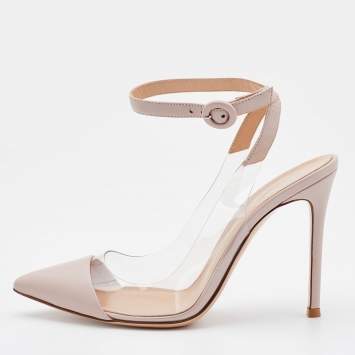 Pre Owned Gianvito Rossi Light Beige Leather And PVC Anise Pointed Toe Ankle Strap Sandals Size 37.5