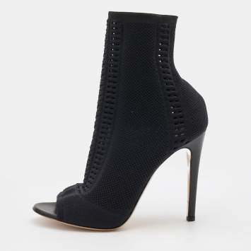 Pre Owned Gianvito Rossi Black Perforated Stretch Knit Vires Open Toe Ankle Length Boots Size 41