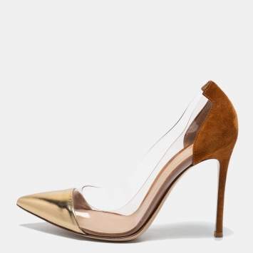 Pre Owned Gianvito Rossi Brown/Gold PVC and Leather Plexi  Pumps Size 39