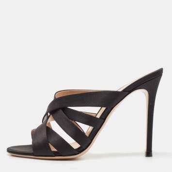 Pre Owned Gianvito Rossi Black Satin Strappy Slide Sandals Size 38.5