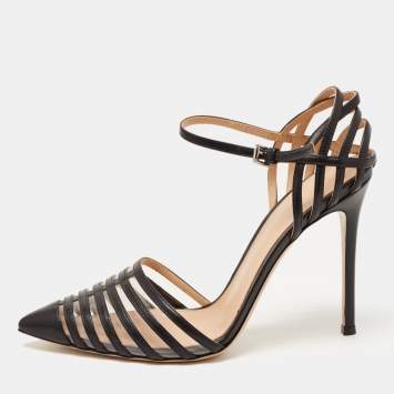 Pre Owned Gianvito Rossi Black Leather and PVC Caged Ankle Strap Pumps Size 39