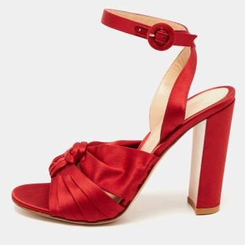 Pre Owned Gianvito Rossi Red Satin Knot Ankle Strap Sandals Size 37.5