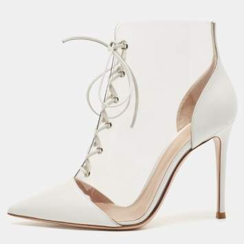 Pre Owned Gianvito Rossi White Leather and PVC Icon Ankle Booties Size 38.5