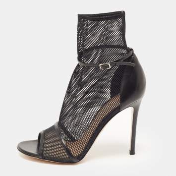 Pre Owned Gianvito Rossi Black Mesh and Leather Idol Open-Toe Ankle Boots Size 37.5