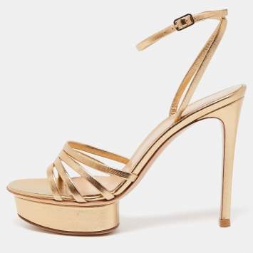 Pre Owned Gianvito Rossi Gold Leather Strappy Platform Heels Sandals Size 36.5