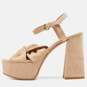 Pre Owned Gianvito Rossi Beige Suede Block Heel Ankle Strap Sandals Size 38