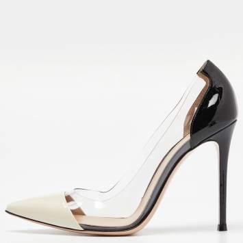 Pre Owned Gianvito Rossi White/Black Patent Leather and PVC Plexi Pointed Toe Pumps Size 40