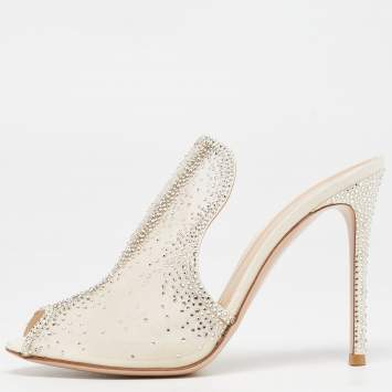 Pre Owned Gianvito Rossi White Mesh Crystal Embellished Mules Size 40.5