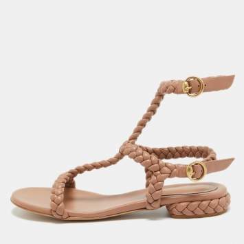Pre Owned Gianvito Rossi Beige Braided Leather Sorrento Sandals Size 40.5