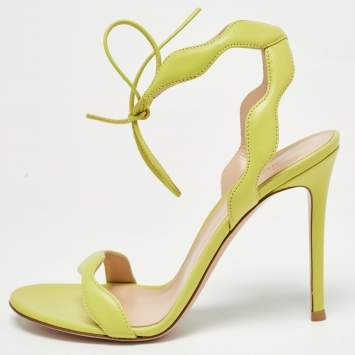 Pre Owned Gianvito Rossi Green Leather Wavy Ankle Tie Sandals Size 38.5