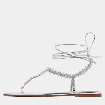 Pre Owned Gianvito Rossi Silver Leather Ankle Wrap Thong Sandals Size 39