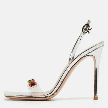 Pre Owned Gianvito Rossi Silver Leather and PVC Ribbon Candy Sandals Size 37