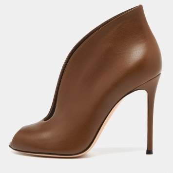 Pre Owned Gianvito Rossi Brown Leather Vamp Peep Toe Booties Size 39