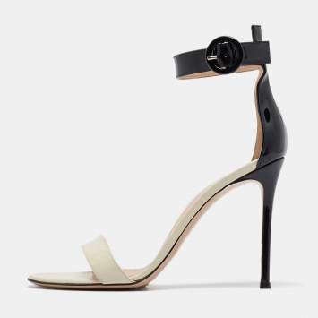 Pre Owned Gianvito Rossi Black/Off White Patent Leather Portofino Sandals Size 39.5 