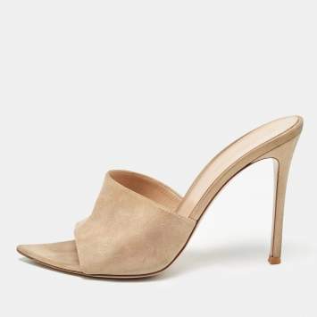 Pre Owned Gianvito Rossi Beige Textured Suede Elle Slide Sandals Size 39