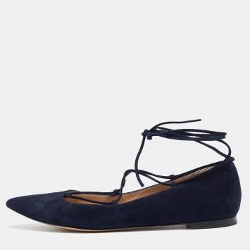 Pre Owned Gianvito Rossi Navy Blue Suede Femi Ankle Tie Ballet Flats Size 39.5