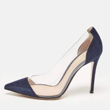 Pre Owned Gianvito Rossi Blue Suede and PVC Plexi Pointed Toe Pumps 39