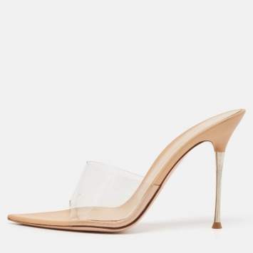 Pre Owned Gianvito Rossi Beige Leather and PVC Plexi Mules Size 38