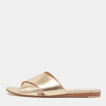 Pre Owned Gianvito Rossi Gold Leather Flat Slides Size 38.5