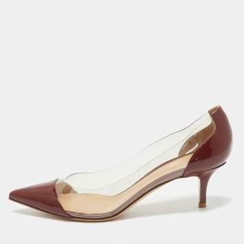 Pre Owned Gianvito Rossi Burgundy Patent Leather and PVC Plexi Pointed Toe Pumps Size 38.5