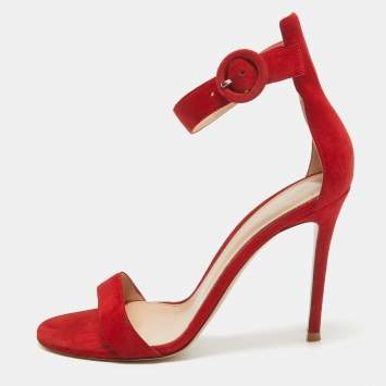Pre Owned Gianvito Rossi Red Suede Portofino Ankle Strap Sandals Size 38.5
