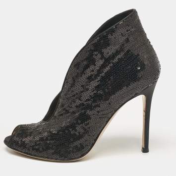 Pre Owned Gianvito Rossi Black Sequins Vamp Booties Size 37