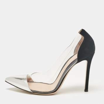 Pre Owned Gianvito Rossi Silver/Black Leather, Suede and PVC Plexi Pumps Size 36.5