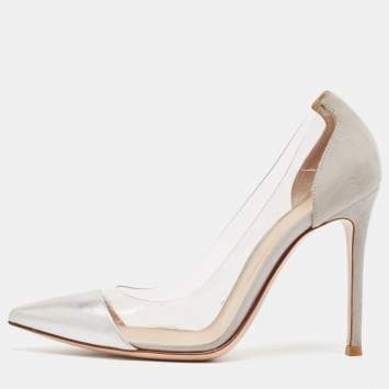 Pre Owned Gianvito Rossi Silver/Grey Leather and PVC Plexi Pumps Size 37