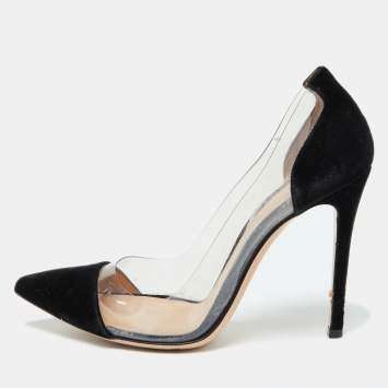 Pre Owned Gianvito Rossi Black Velvet and PVC Plexi Pointed Toe Pumps Size 37
