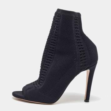 Pre Owned Gianvito Rossi Black Knit Fabric Vires Open Toe Ankle Booties Size 37.5