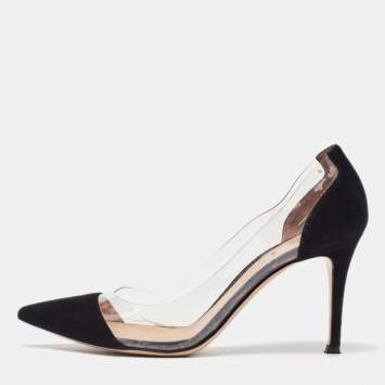 Pre Owned Gianvito Rossi Black PVC and Suede Plexi Pointed Toe Pumps Size 37.5