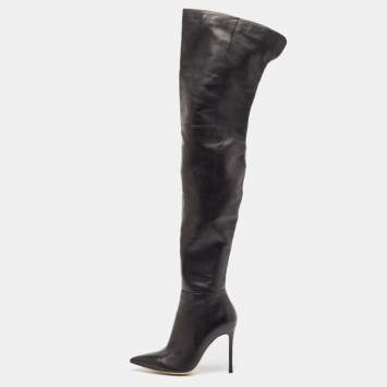 Pre Owned Gianvito Rossi Black Patent Leather Pointed-Toe Over The Knee Boots Size 38