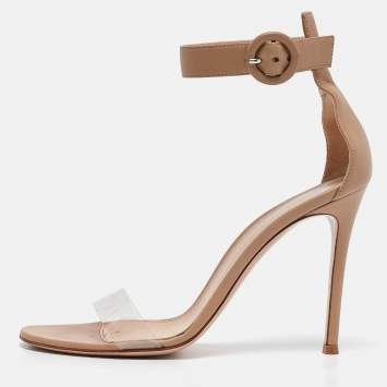 Pre Owned Gianvito Rossi Beige Leather and PVC Portofino Ankle Strap Sandals Size 39.5