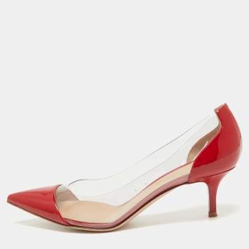 Pre Owned Gianvito Rossi Red Patent Leather and PVC Plexi Pumps Size 38.5