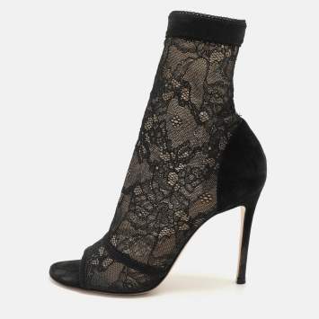 Pre Owned Gianvito Rossi Black Stretch Lace/Mesh Ankle Boots Size 37.5