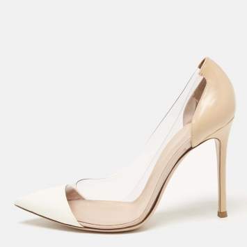 Pre Owned Gianvito Rossi White/Beige Leather and PVC Plexi Pumps Size 38.5