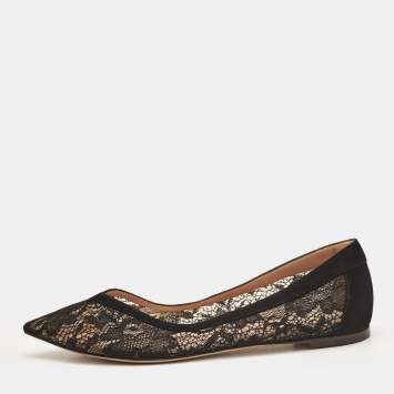 Pre Owned Gianvito Rossi Black Lace and Suede Ballet Flats Size 39
