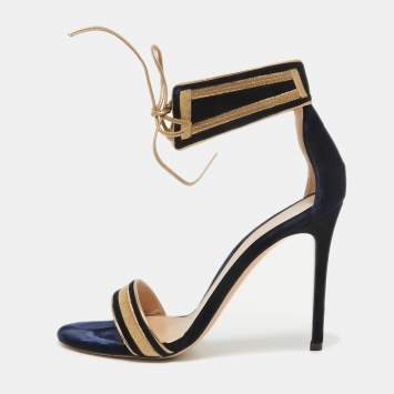 Pre Owned Gianvito Rossi Navy Blue/Gold Velvet Augusta Ankle Cuff Sandals Size 39