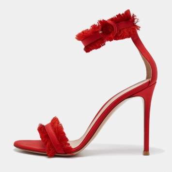 Pre Owned Gianvito Rossi Red Satin Frayed Caribe Ankle Strap Sandals Size 38.5
