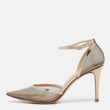 Pre Owned Gianvito Rossi Gold PVC and Patent Leather Plexi Fume Ankle Strap Pumps Size 38