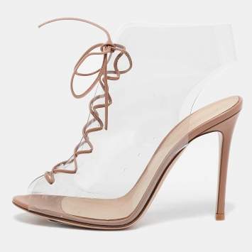 Pre Owned Gianvito Rossi Beige PVC and Leather Helmut Ankle Boots Size 38.5