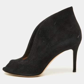 Pre Owned Gianvito Rossi Black Suede Vamp Peep Toe Ankle Booties Size 38.5