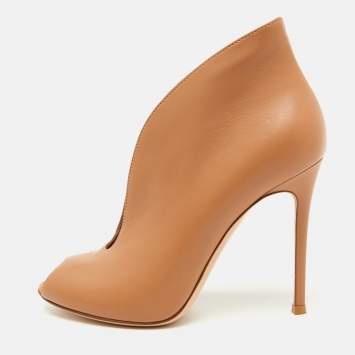 Pre Owned Gianvito Rossi Beige Leather Vamp Peep Toe Booties Size 38