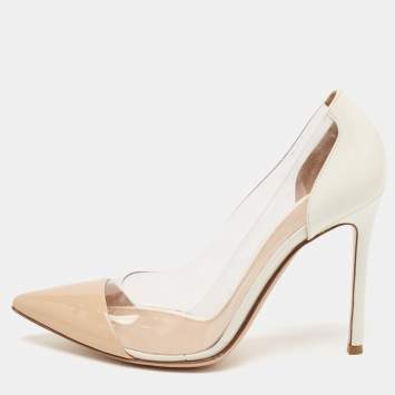 Pre Owned Gianvito Rossi Beige/White Patent Leather And PVC Plexi Pointed Toe Pumps Size 38
