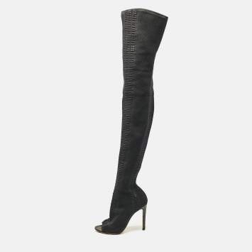 Pre Owned Gianvito Rossi Black Knit Fabric Over The Knee Boots Size 38