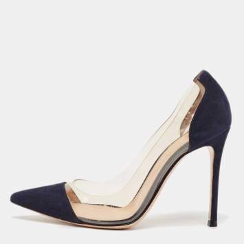 Pre Owned Gianvito Rossi Navy Blue PVC and Suede Plexi Pumps Size 37